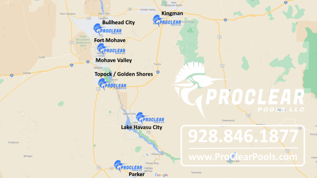 Mohave County Pool Services Map, Serving Lake Havasu City, Parker, Topock, Golden Shores, Fort Mohave, Bullhead City, Kingman and Mohave Valley, Arizona